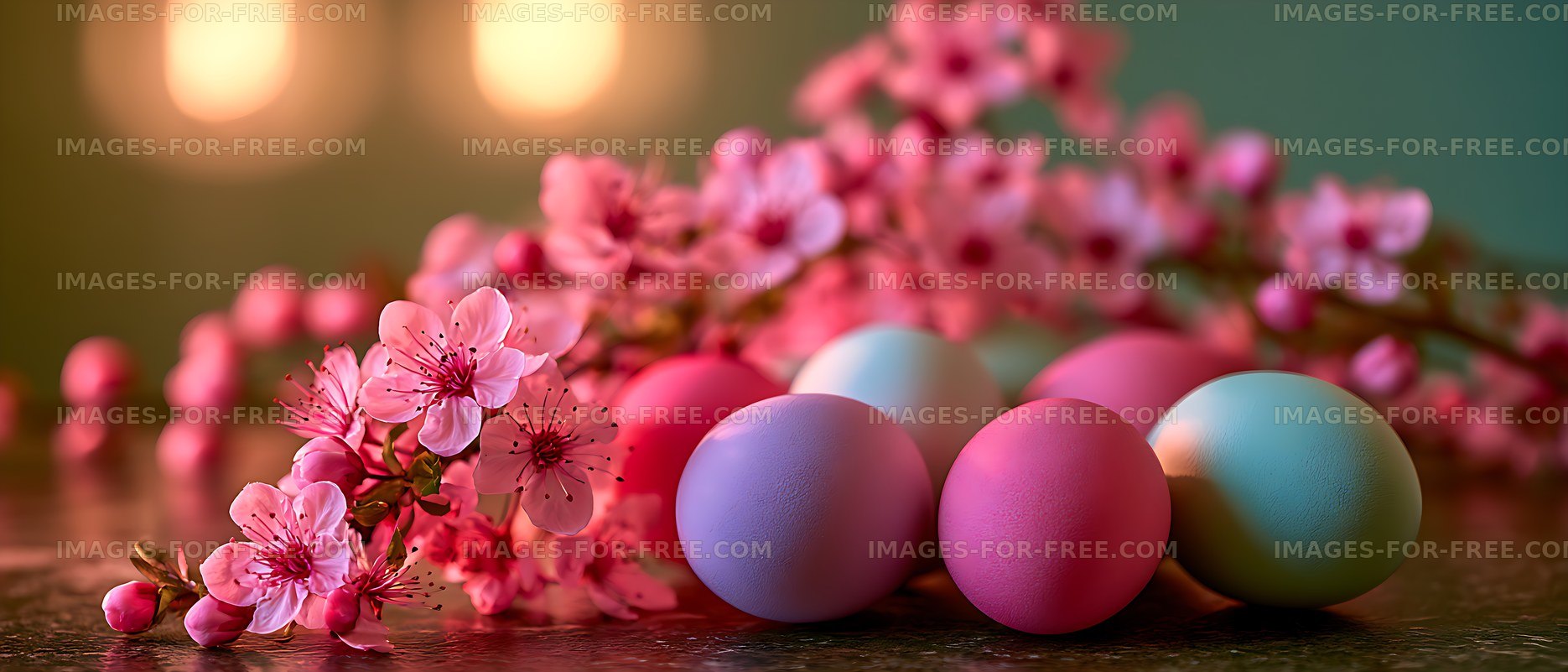Dreamy still life with pink flowers and pastel balls