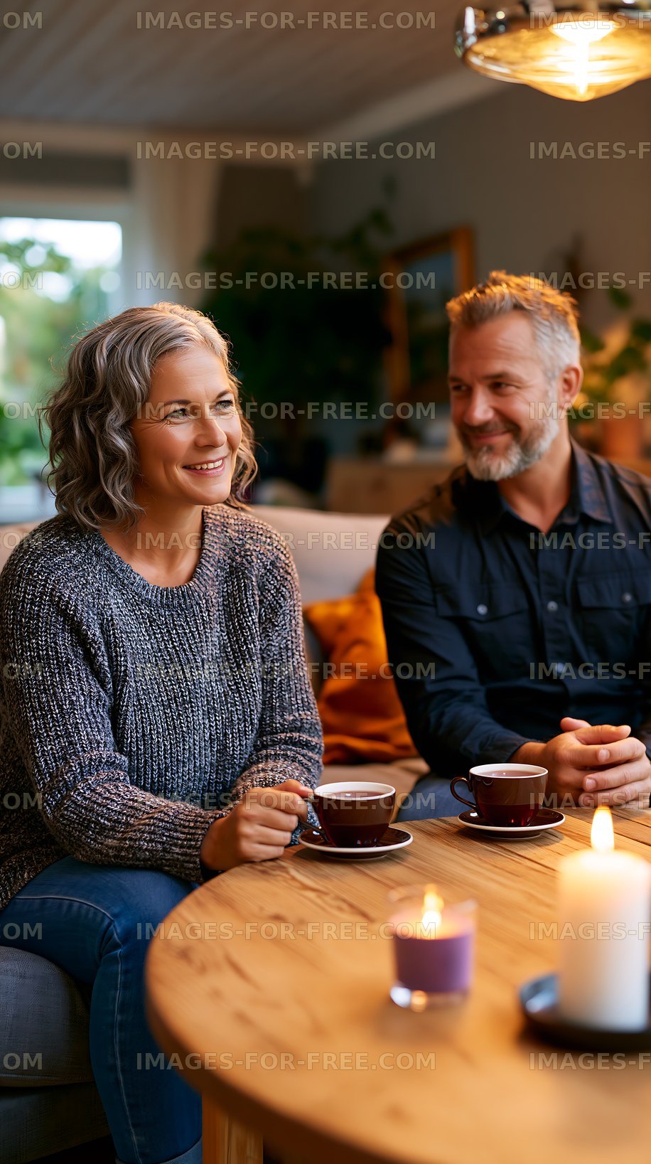 Smiling couple sharing coffee in a cozy home