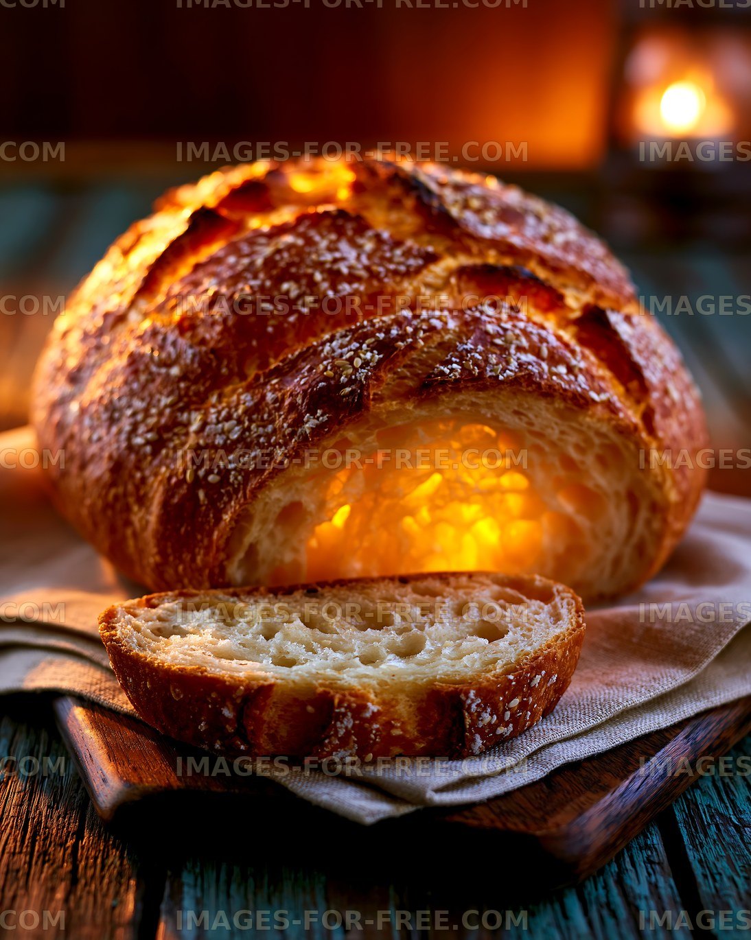 Rustic seeded loaf and slice in warm light