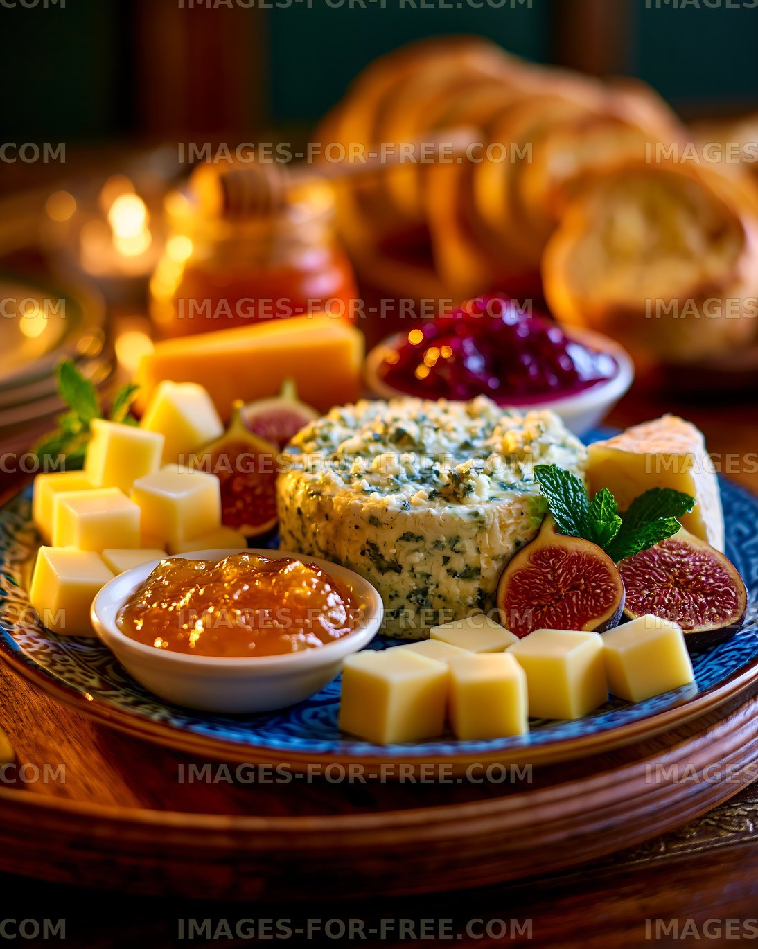 Gourmet cheese board with figs and fruit spread