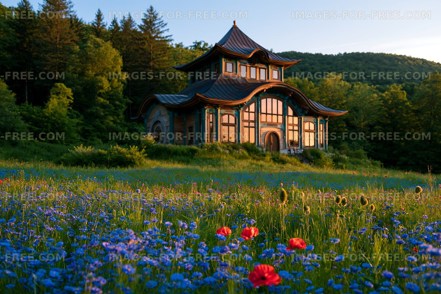 Decorative pavilion surrounded by wildflowers and forest