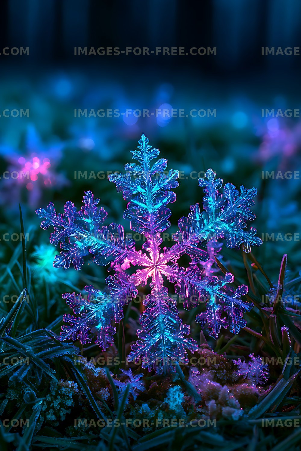 Glowing colorful snowflake crystals in winter grass