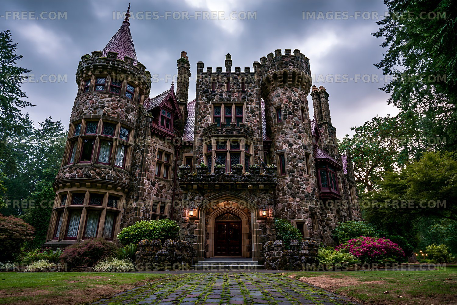 Ornate stone castle with turrets and garden