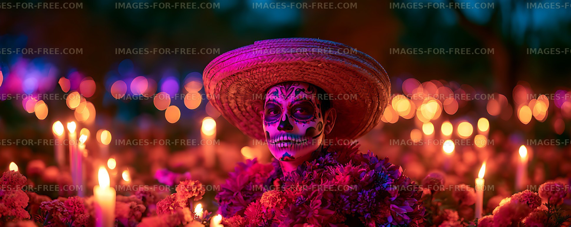Colorful sugar skull portrait with sombrero, flowers, and candles