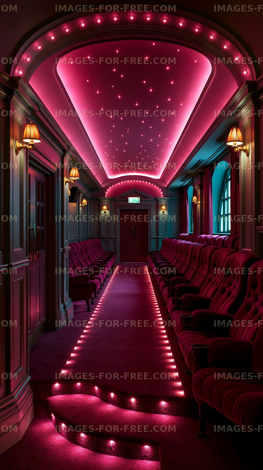 Empty theater interior illuminated by pink neon lights