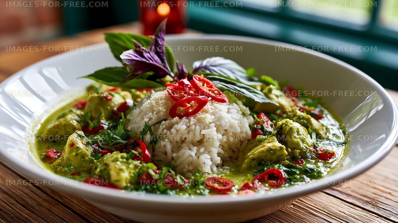 Close-up rice and avocado bowl with herbs and chili