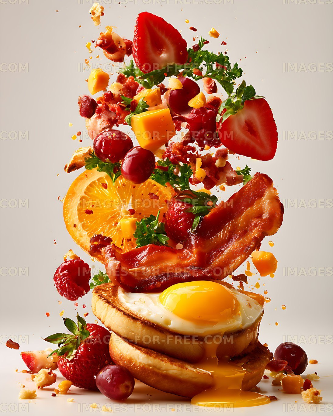 Colorful breakfast sandwich with fried egg and fresh fruit
