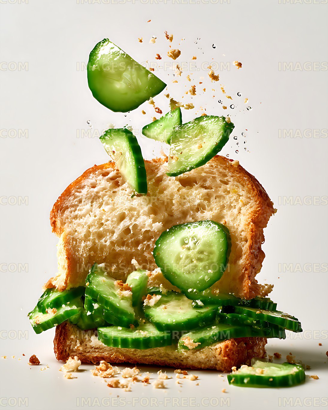 Open sandwich with cucumber slices and scattered crumbs