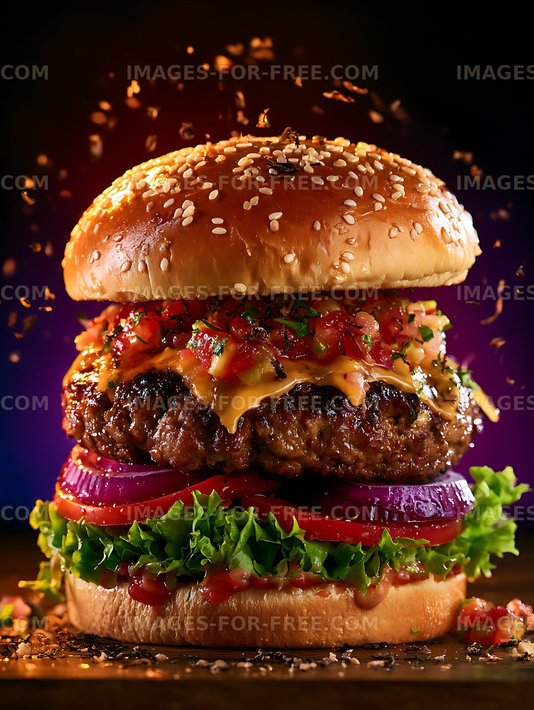 Close-up gourmet cheeseburger with colorful fresh toppings