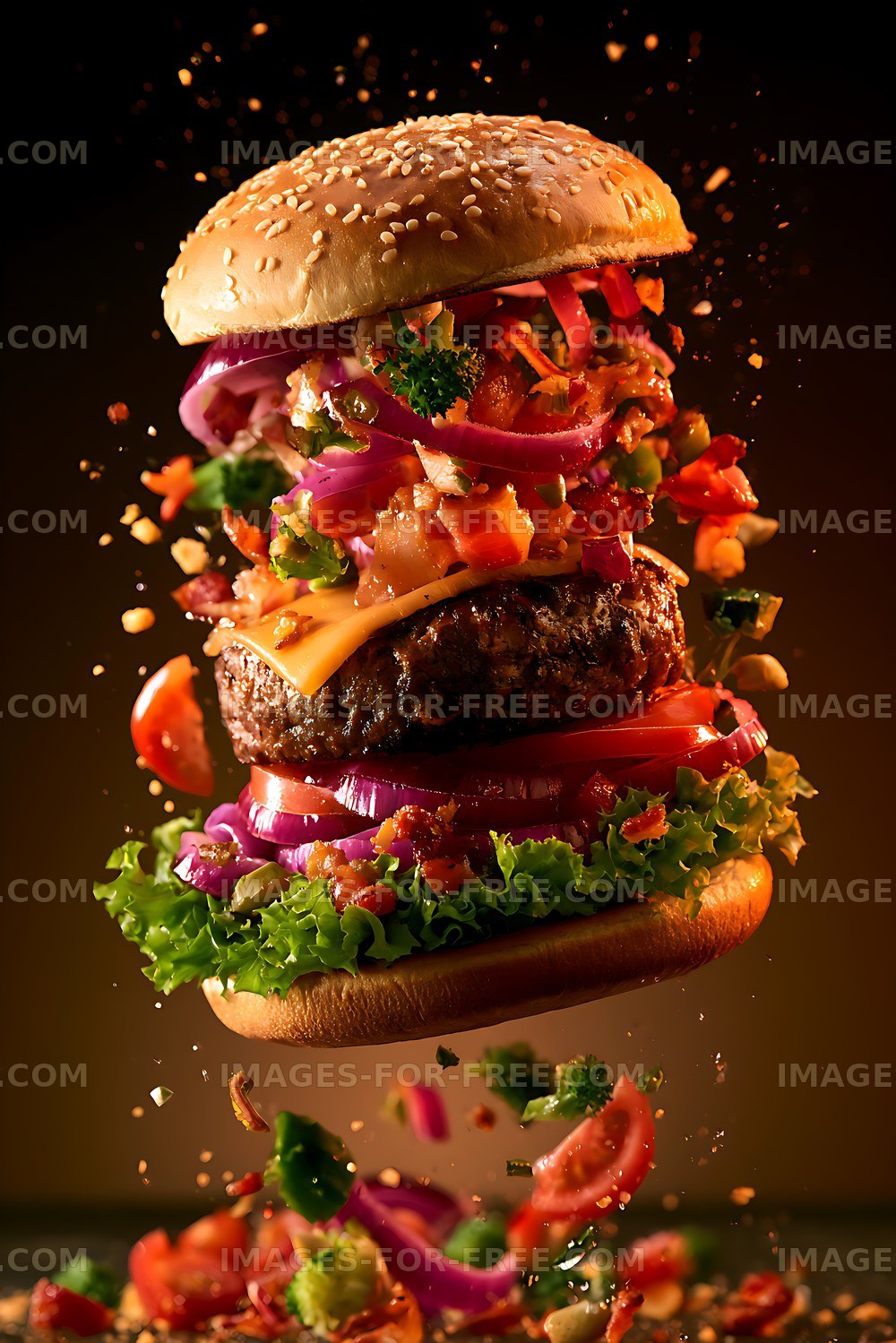 Loaded cheeseburger with colorful toppings in dramatic motion