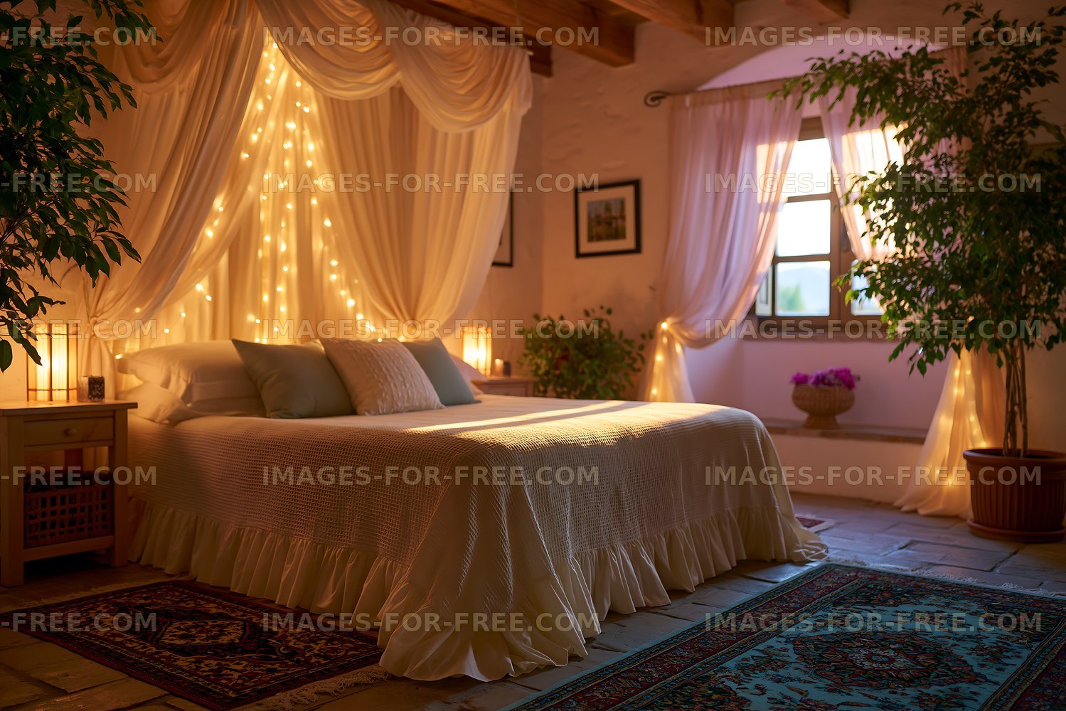 Warmly decorated bedroom with canopy curtains and plants