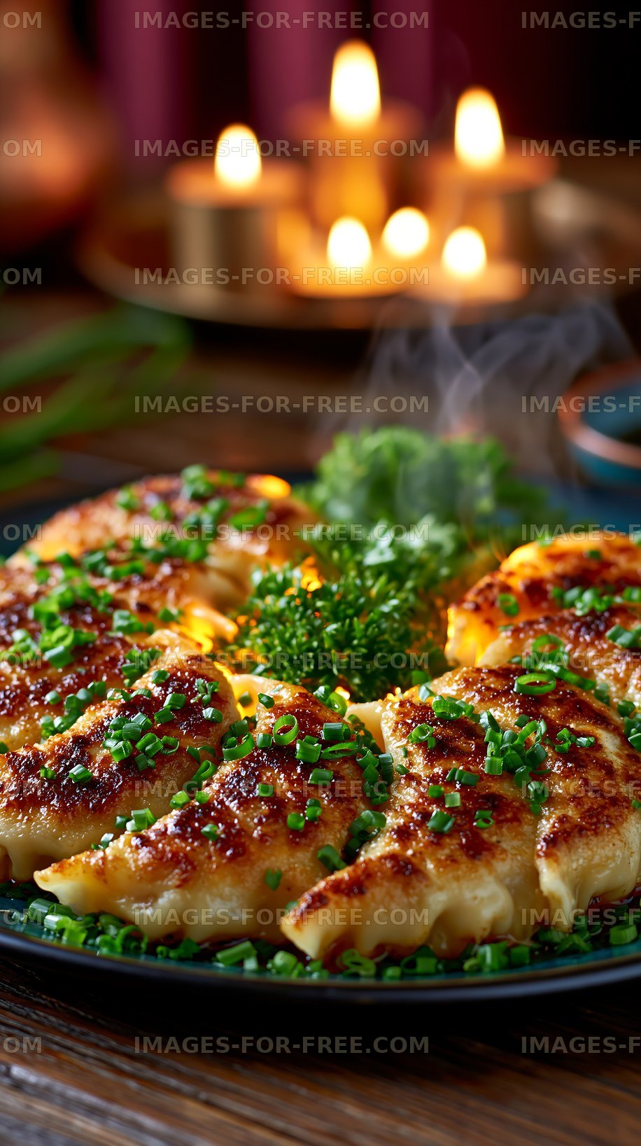 Close-up plate of glazed dumplings with green onion garnish