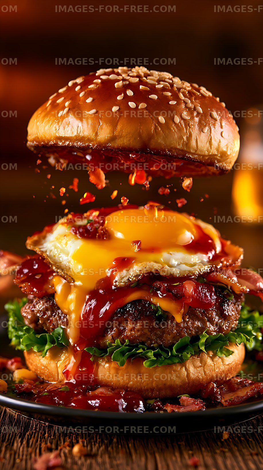 Loaded cheeseburger with bacon, egg, and dripping cheese