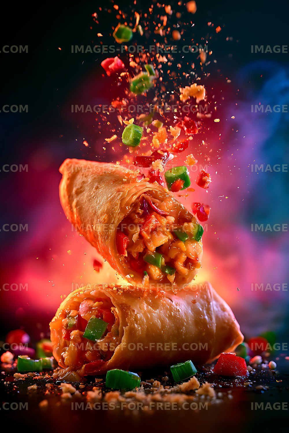 Colorful stuffed wraps with flying vegetables