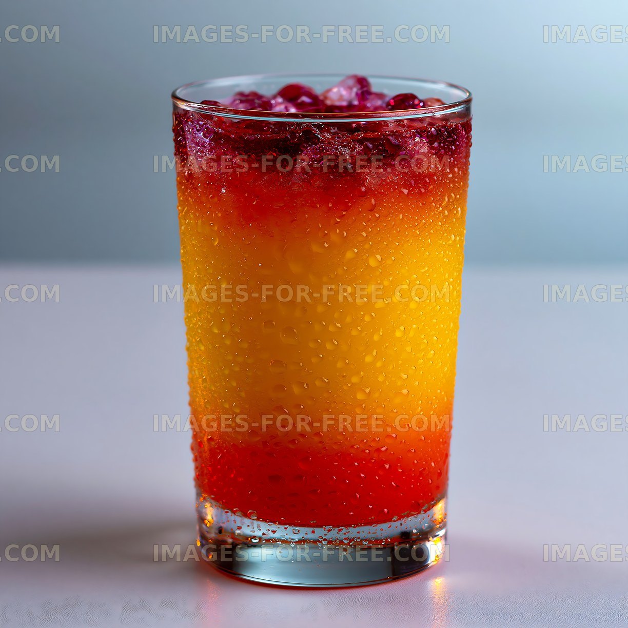 Chilled layered fruit beverage with condensation