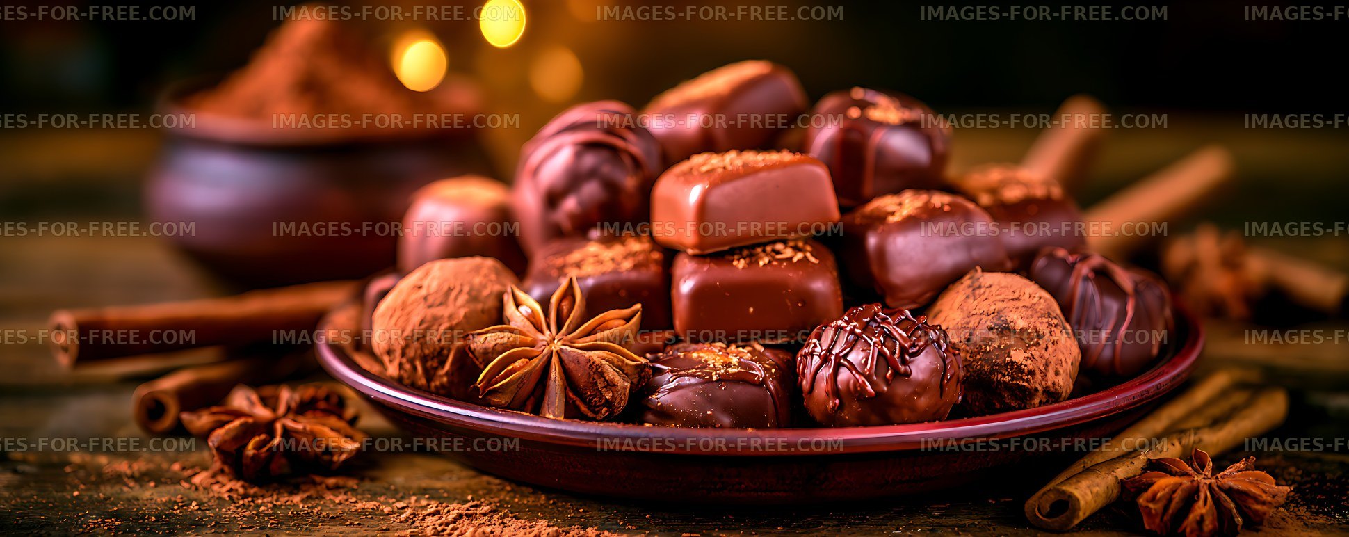 Chocolate truffles with spices in warm light