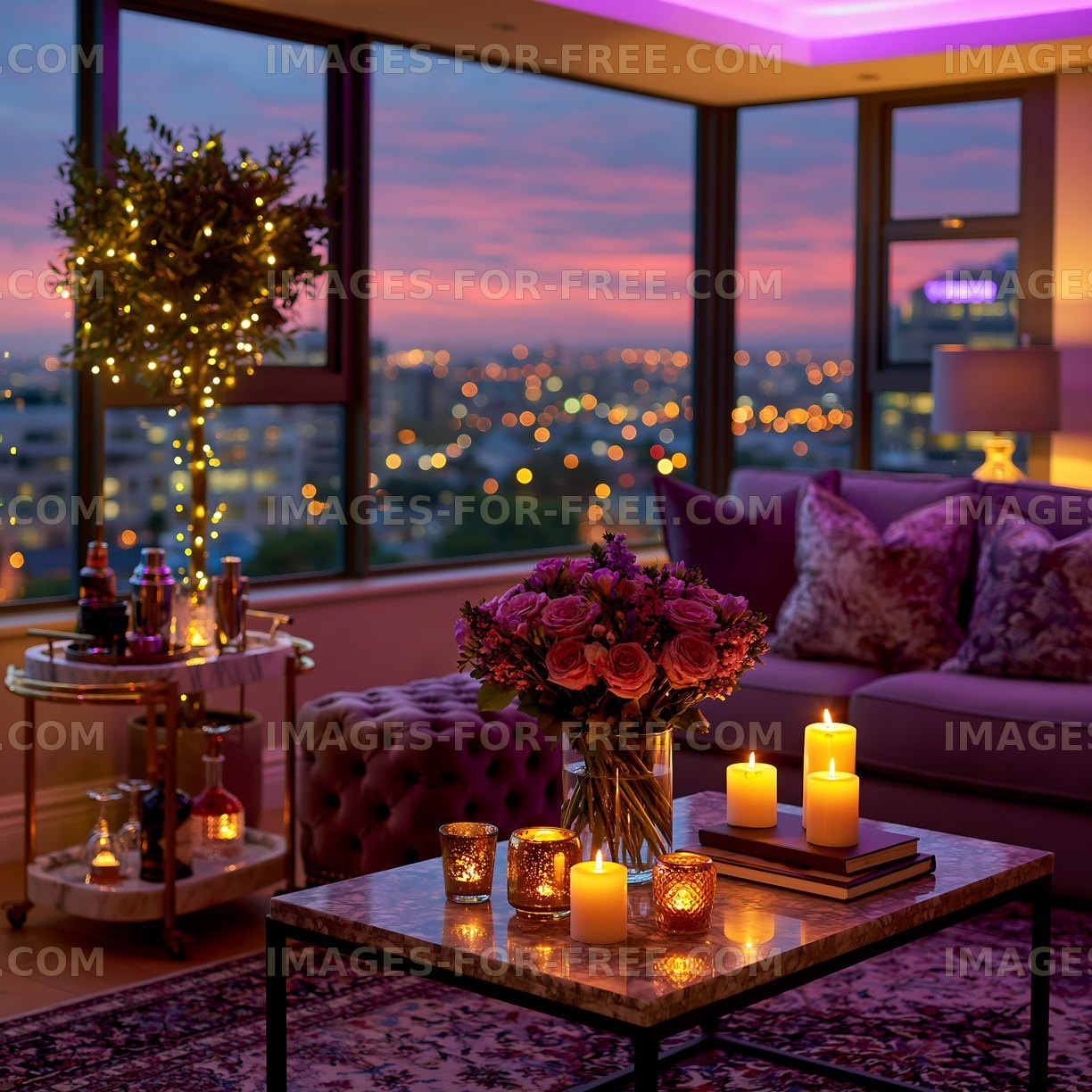 Cozy candlelit living room overlooking a city at sunset