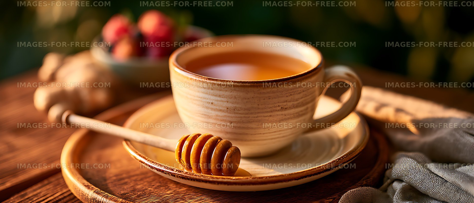 Cozy tea still life with honey and ginger in warm light