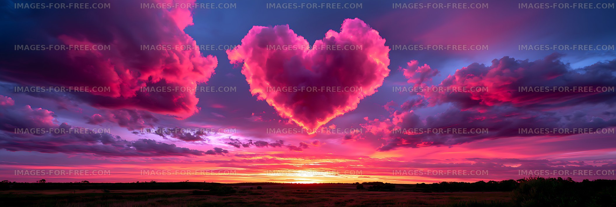 Heart-shaped pink cloud glowing above fields at sunset