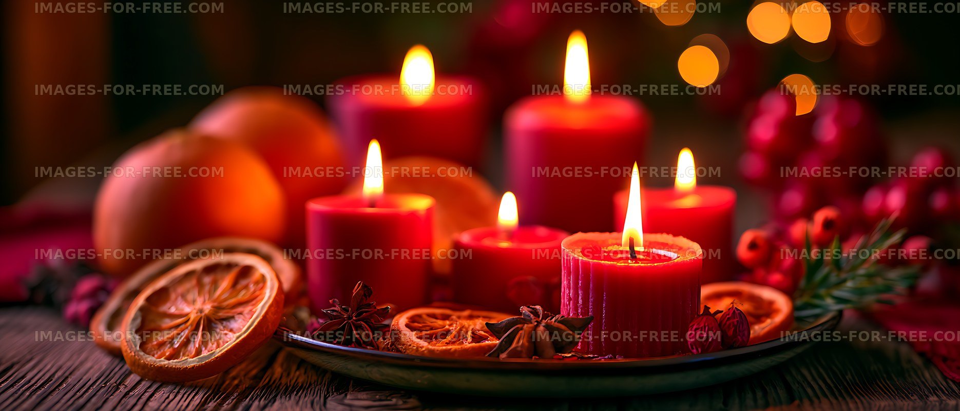 Glowing red candles with dried oranges and berries
