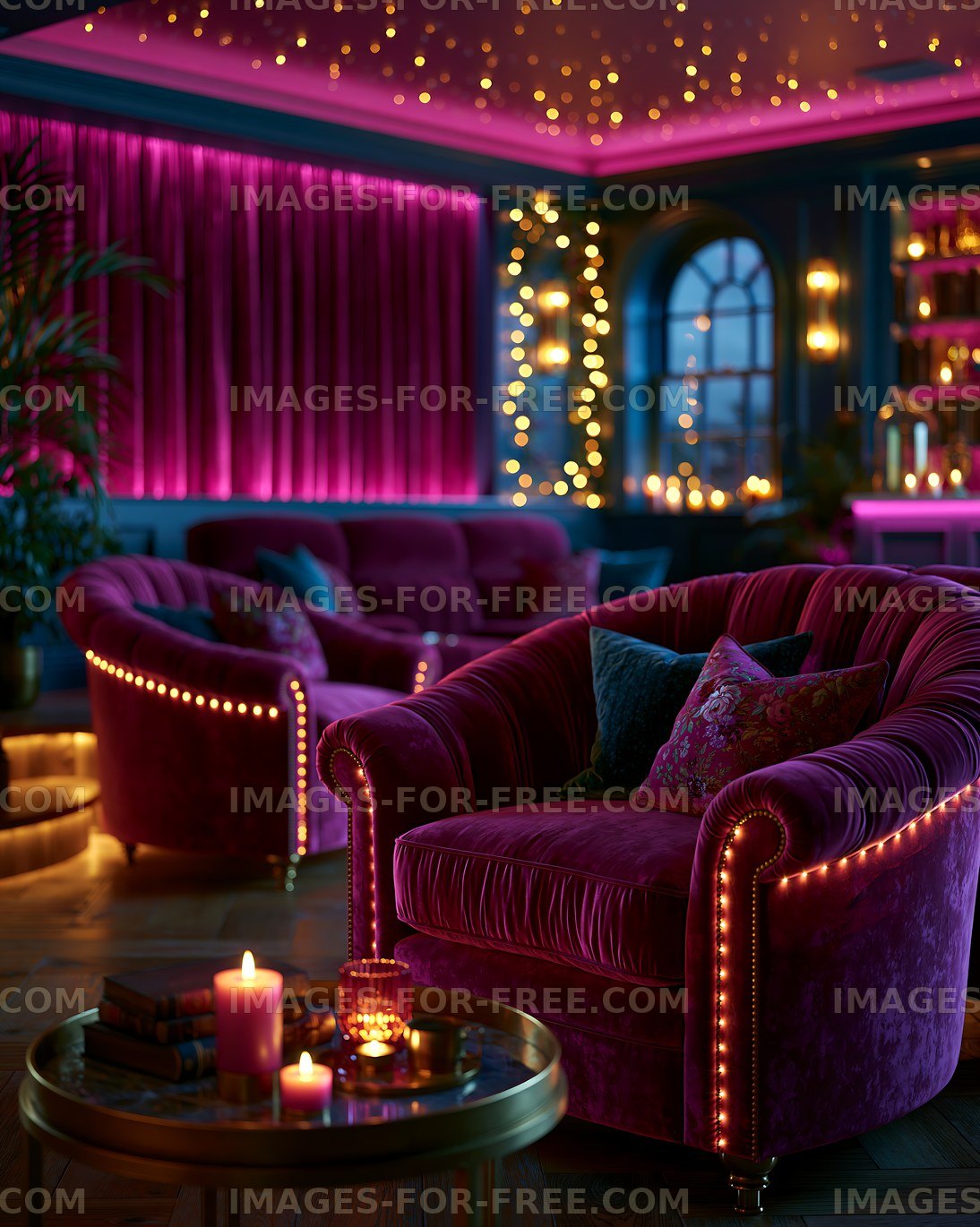 Colorful velvet lounge interior with candlelit coffee table
