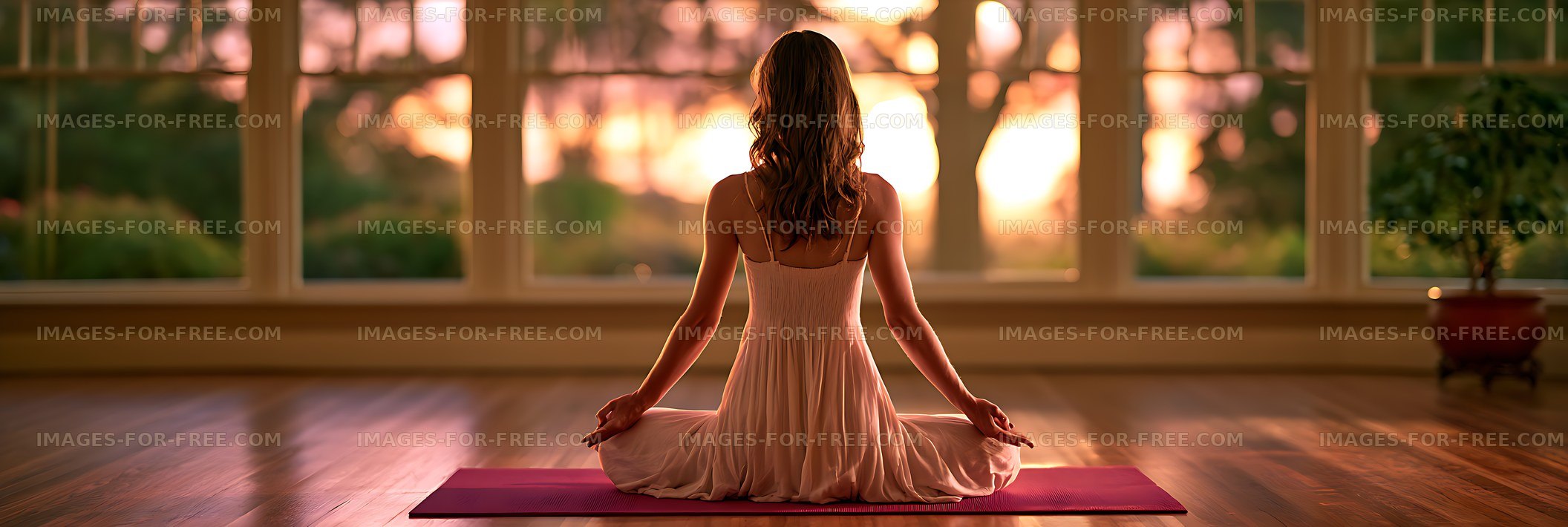 Woman Meditating on Yoga Mat by Window at Sunset