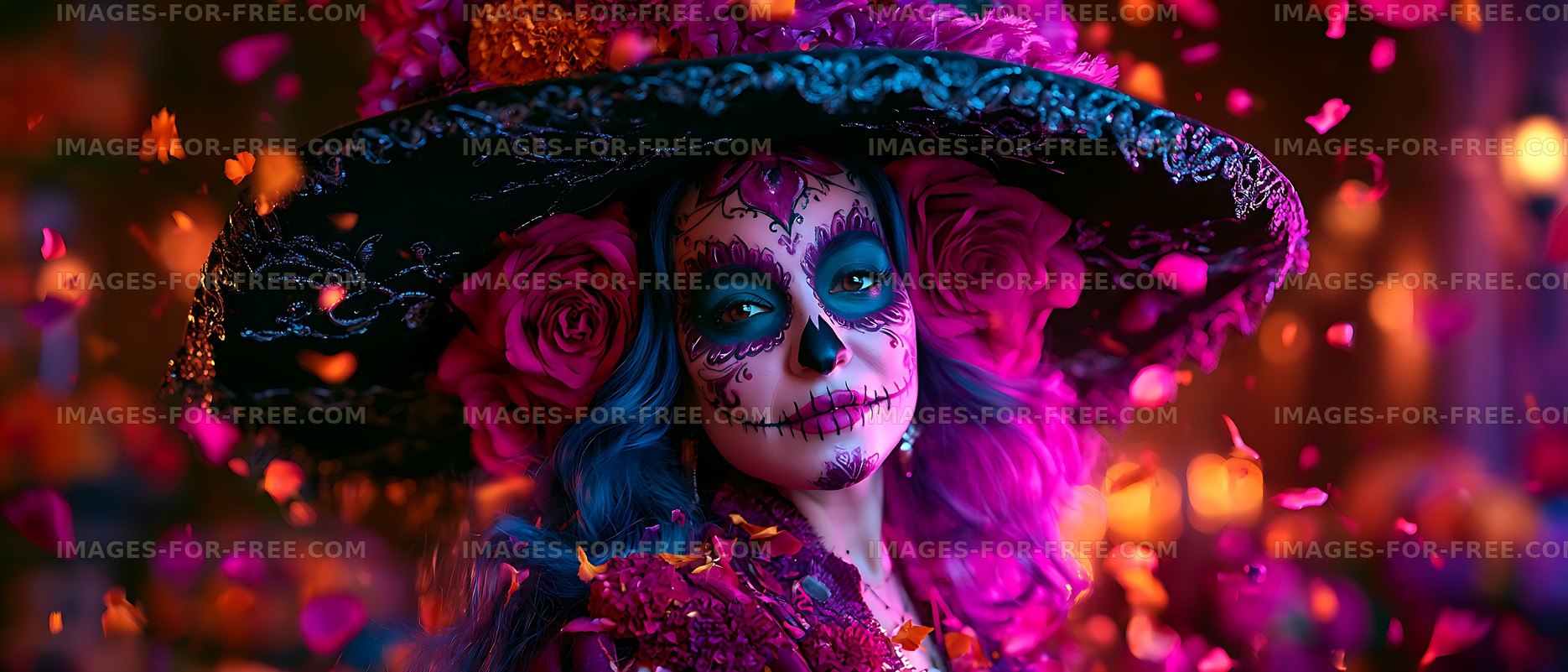 Vibrant sugar skull portrait with floral hat and rose petals