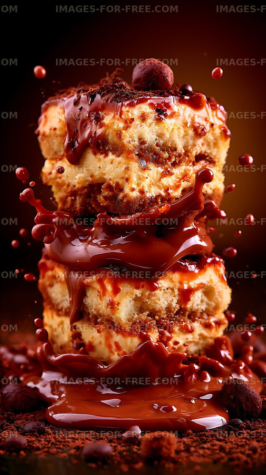 Layered dessert drizzled with glossy chocolate sauce