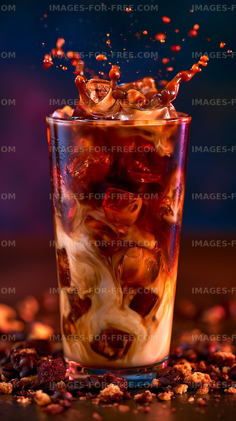 Dark iced beverage with cream swirl and splash