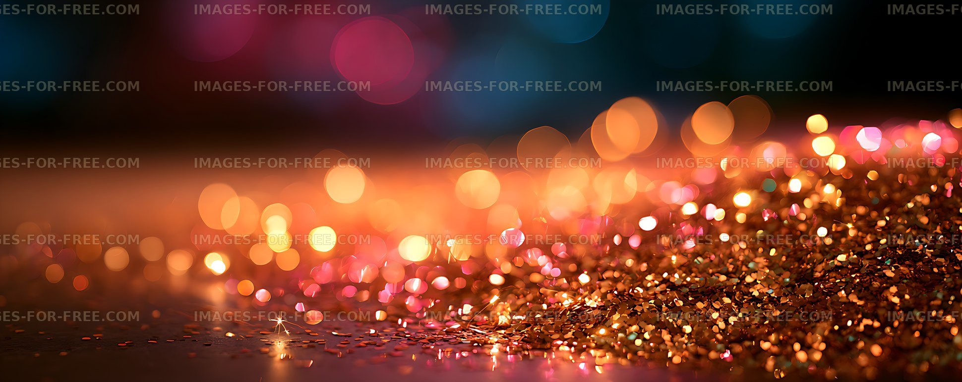Colorful glowing bokeh lights reflecting on a dark surface