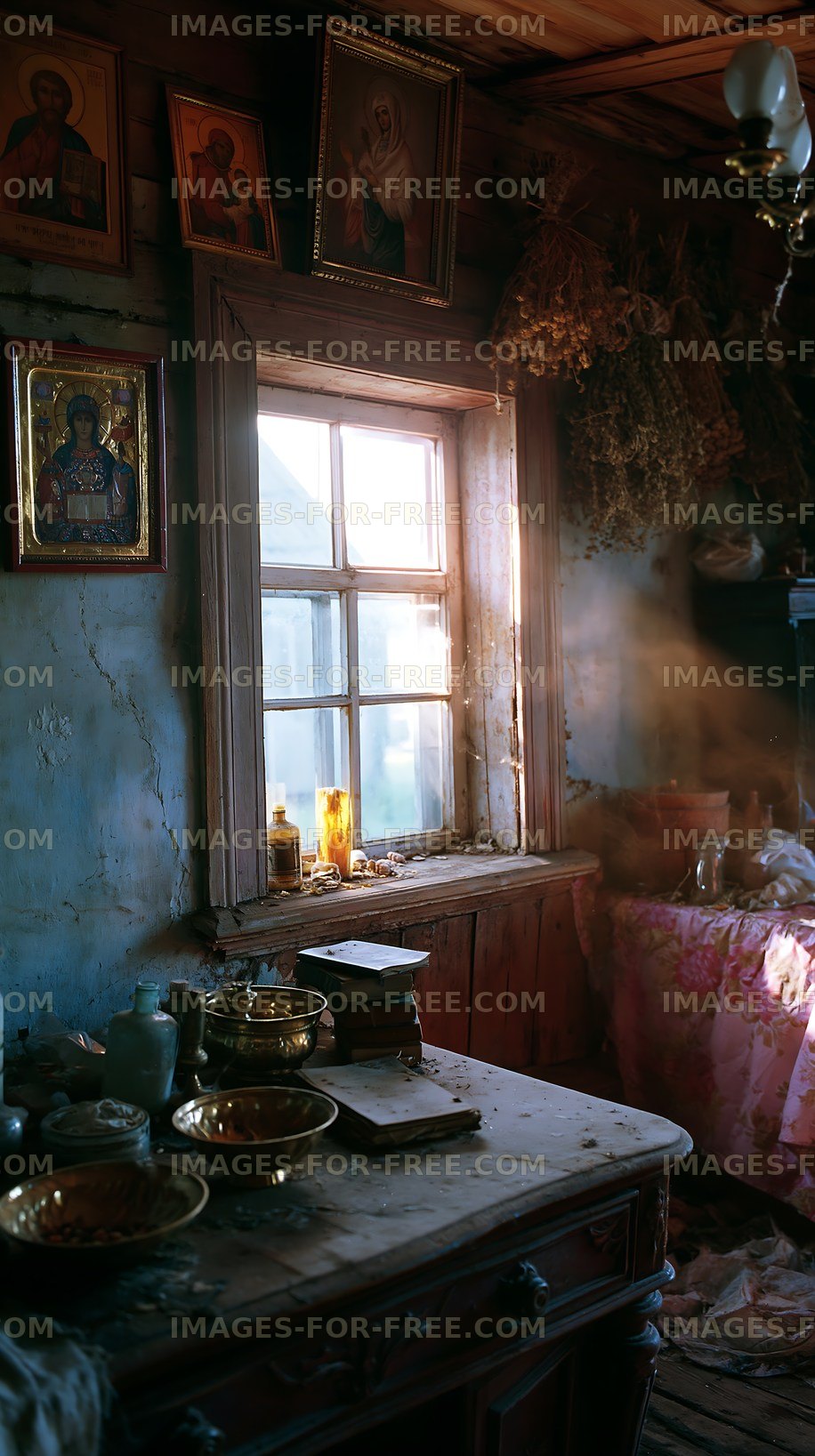 Old rustic room with window offering soft light