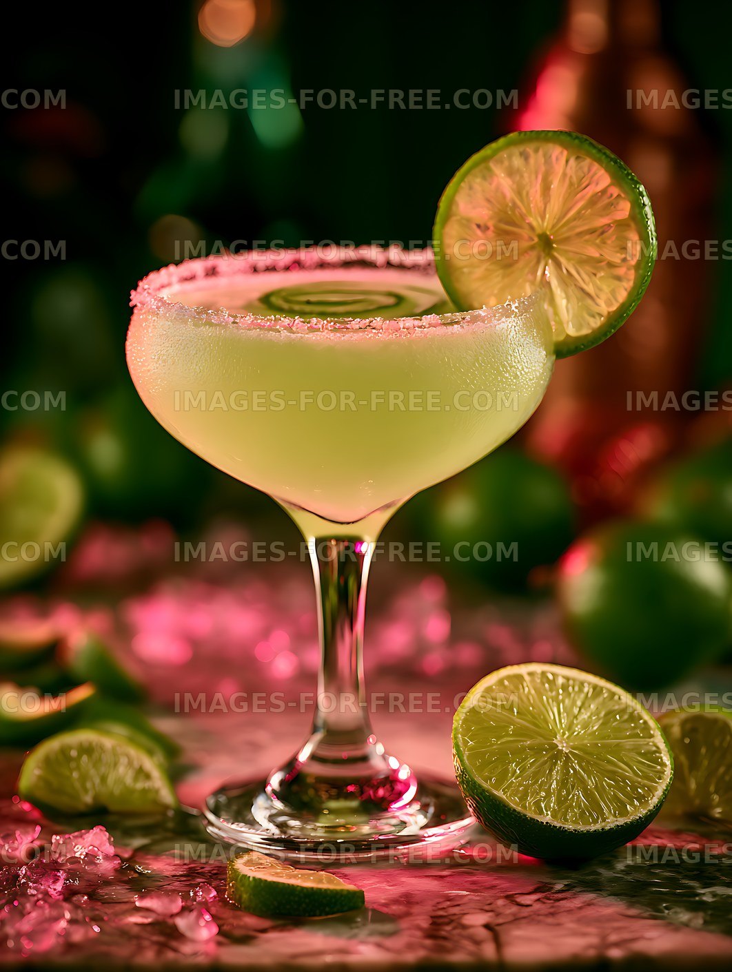 Pale lime cocktail with salted rim in a stemmed glass