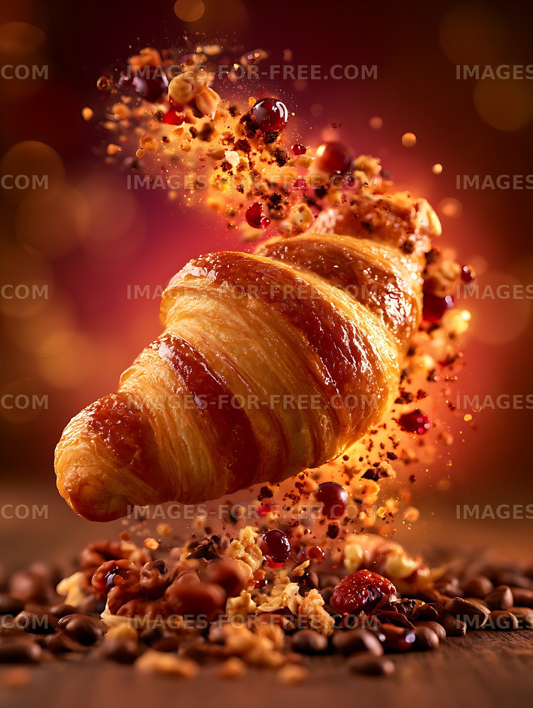 Golden croissant with airborne nuts and dried fruit