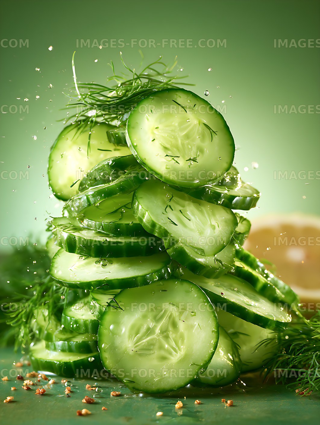 Stacked cucumber slices with fresh dill and water droplets