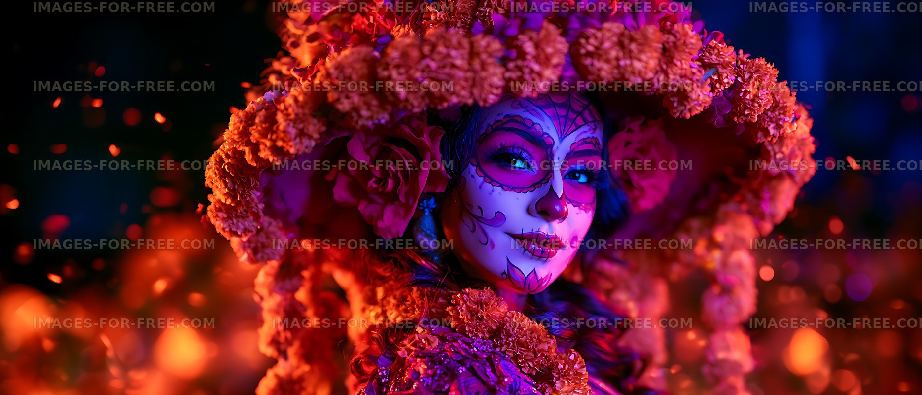 Colorful close-up portrait with flowers and face paint