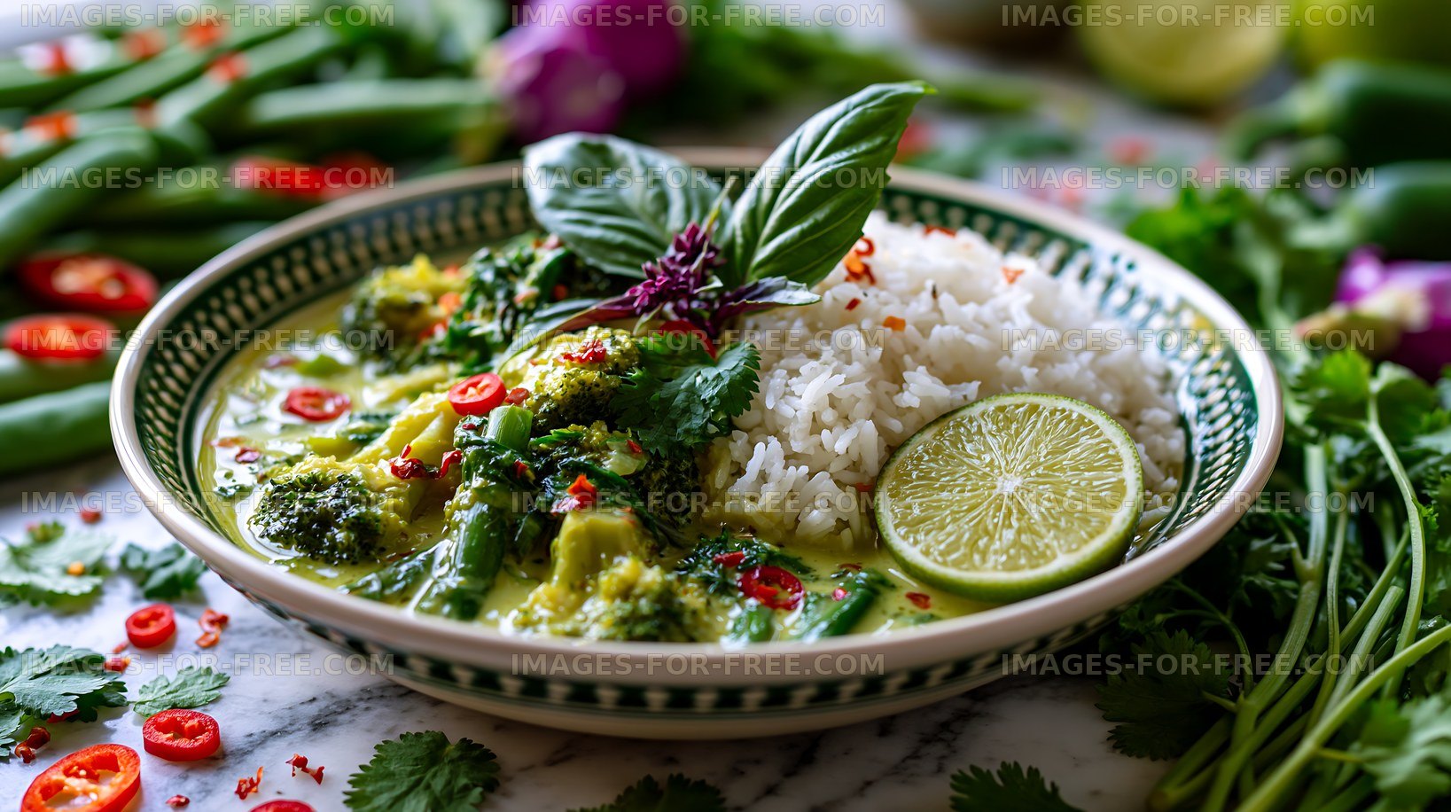 Bowl of vegetable curry with rice and fresh garnishes