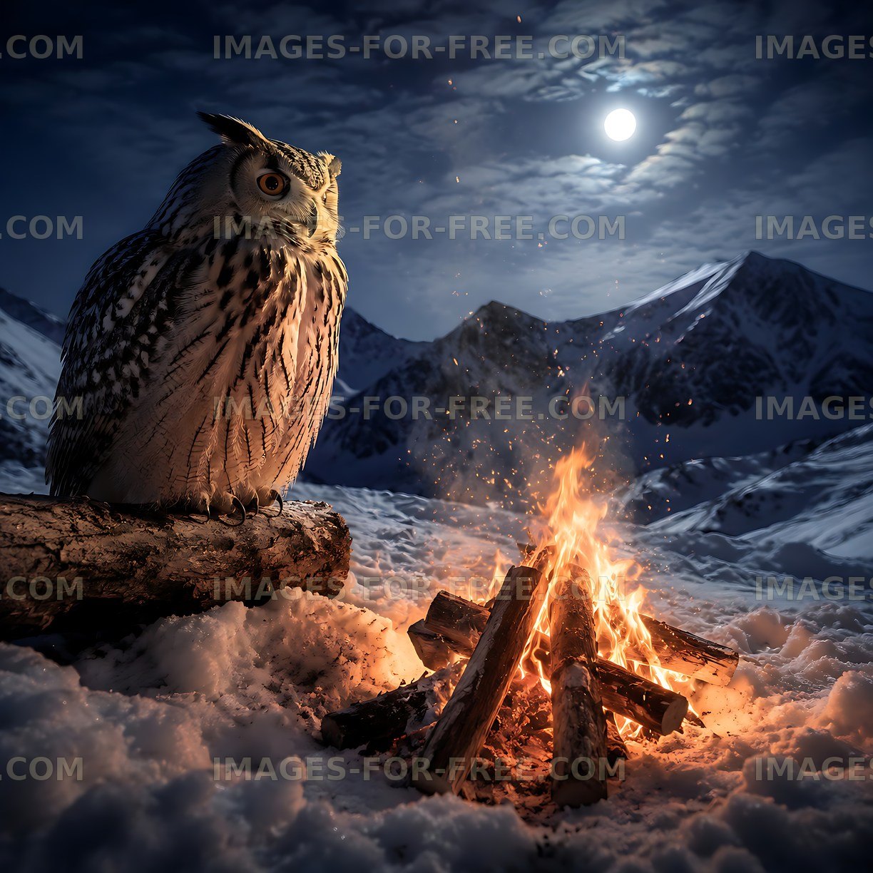 Owl near campfire in snowy mountains at night