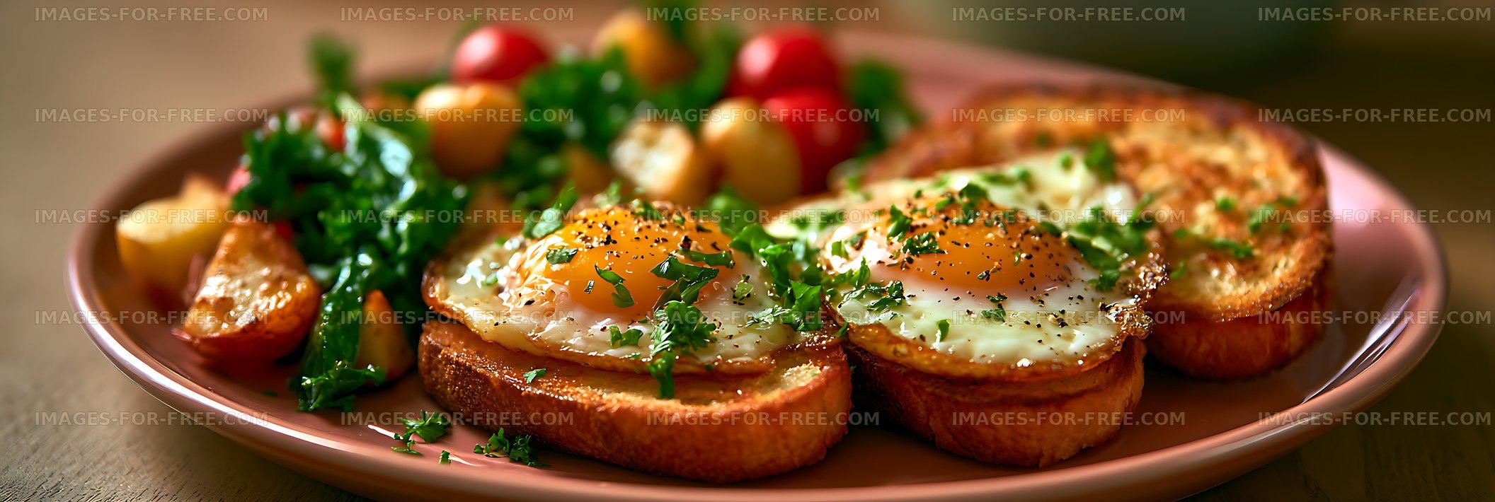 Savory breakfast plate with eggs, toast, greens, and vegetables