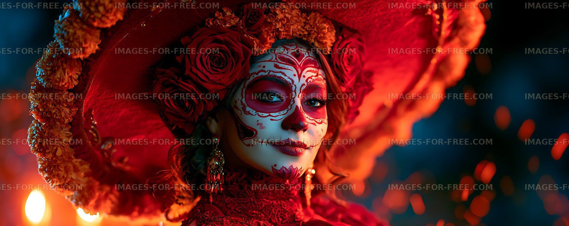 Dramatic close-up portrait with red floral headpiece and face paint