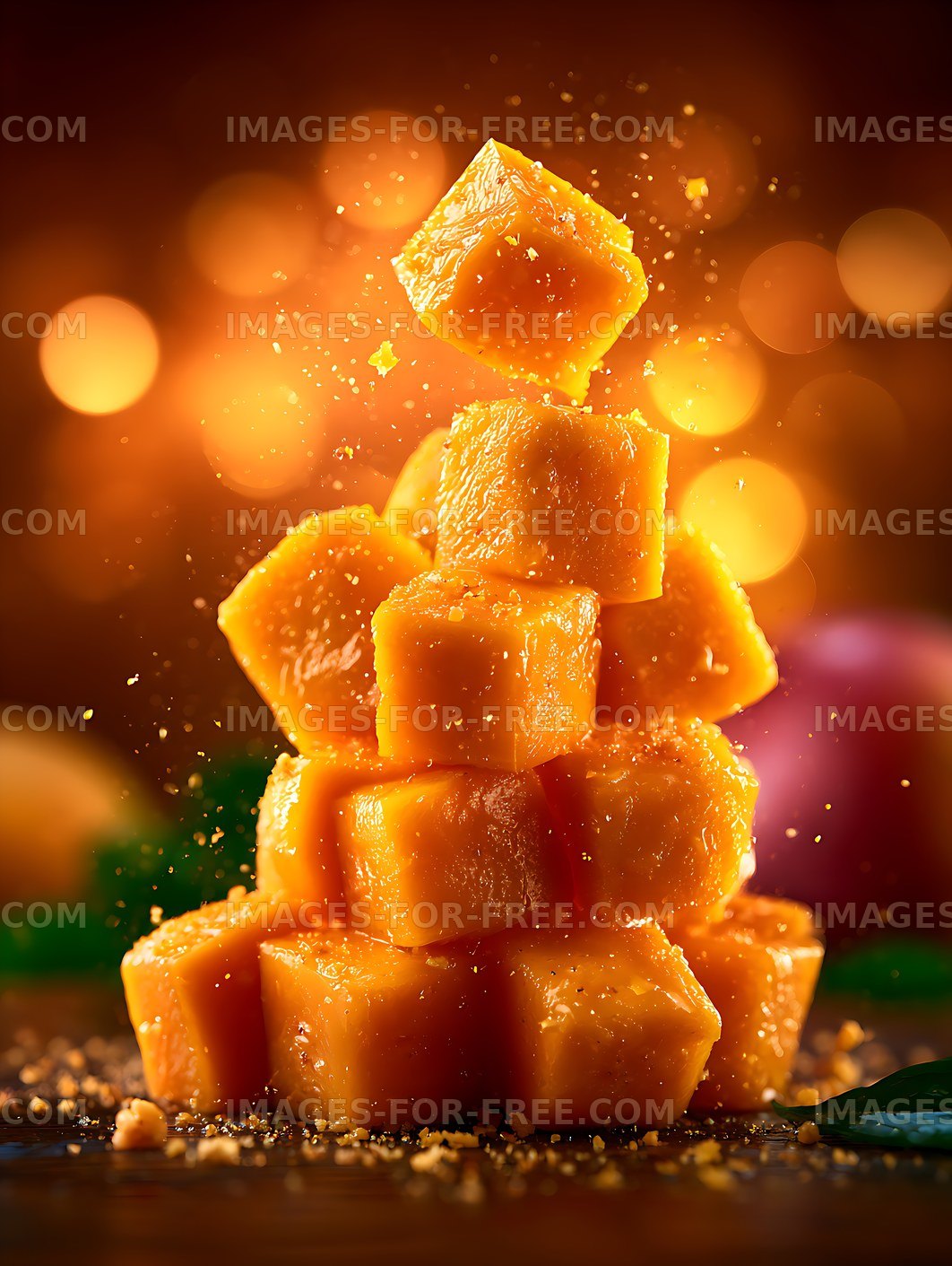 Glossy orange fruit cubes in a warm still life