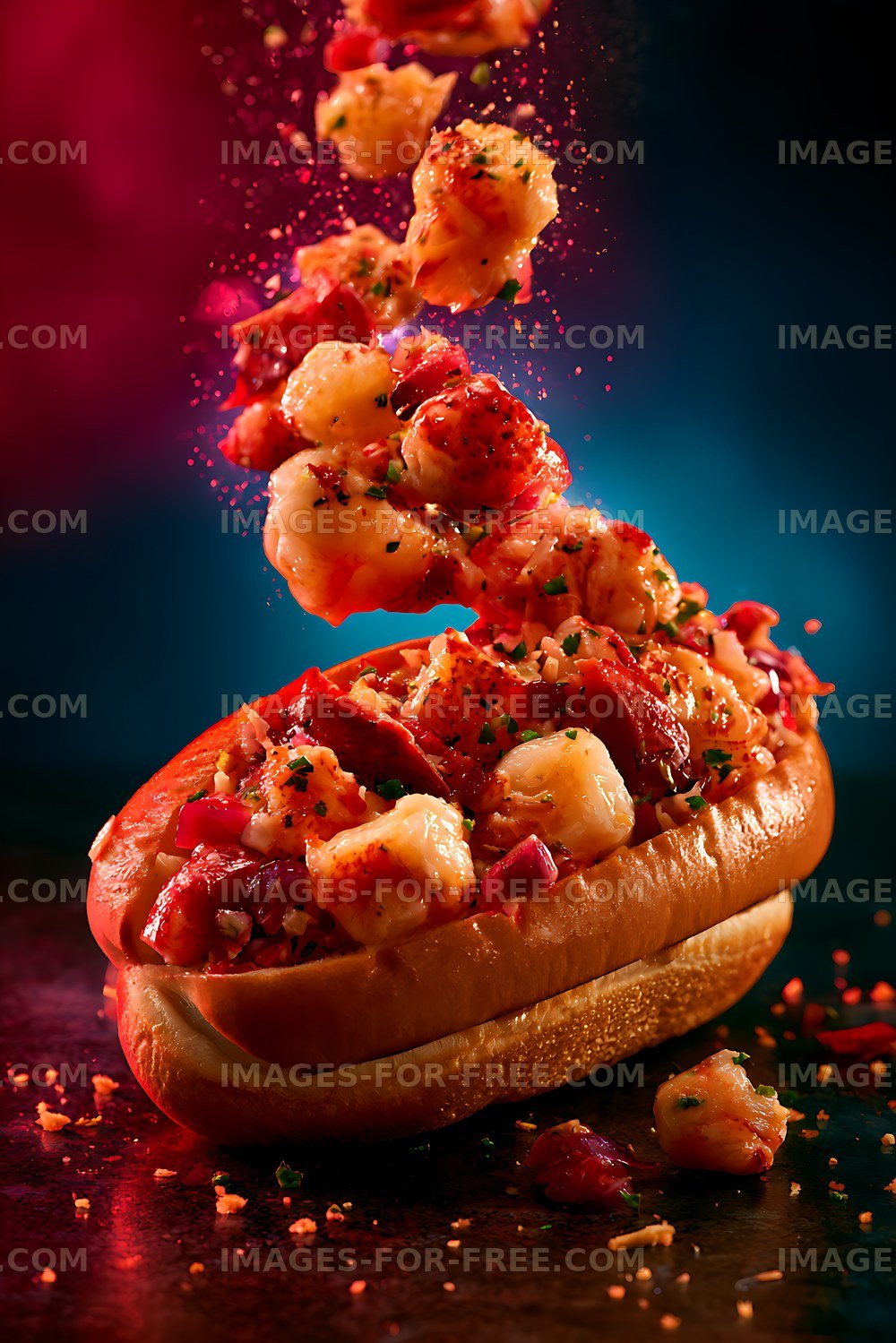 Dramatic lobster seafood sandwich with scattered ingredients