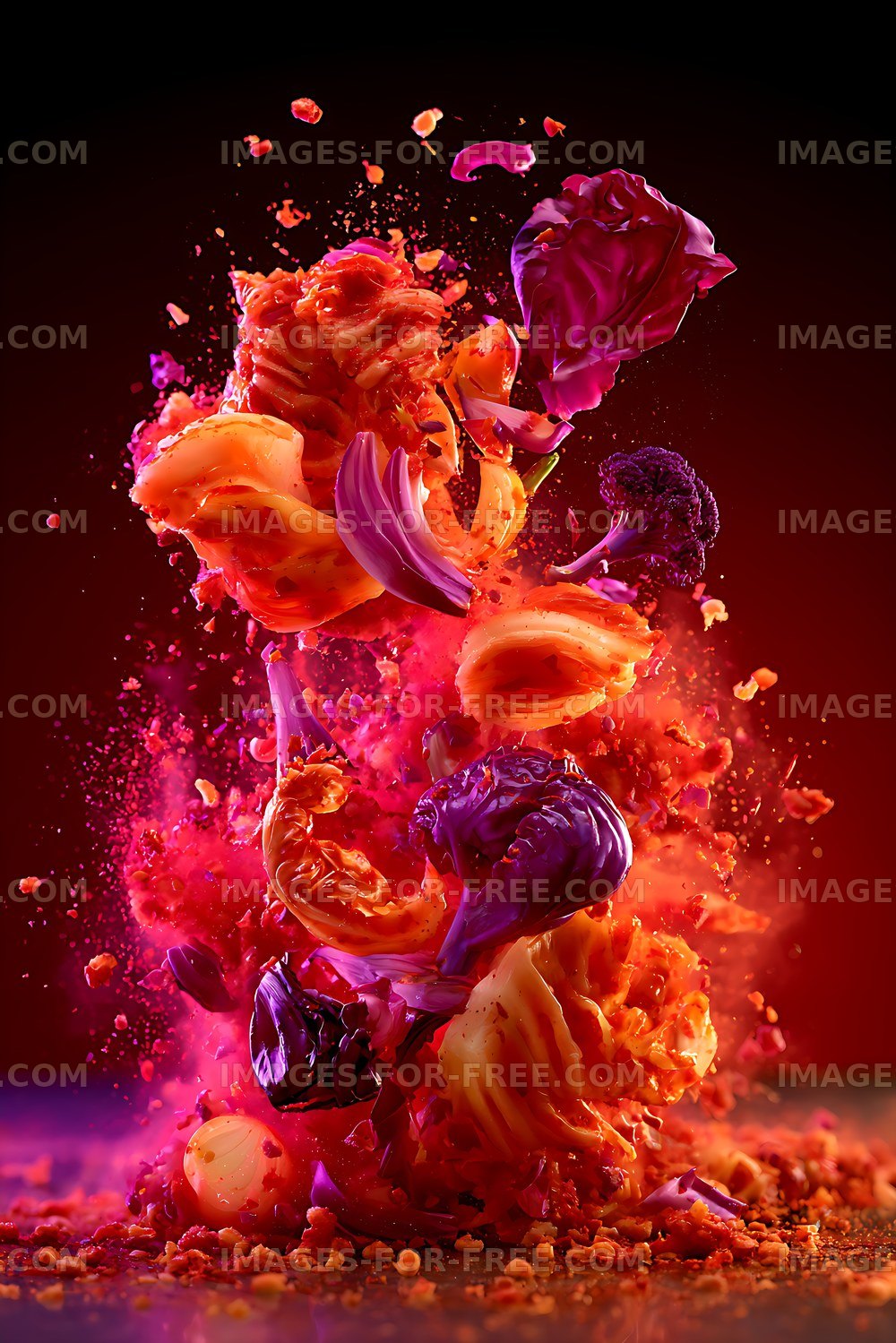 Colorful flowers and petals bursting against a dark background