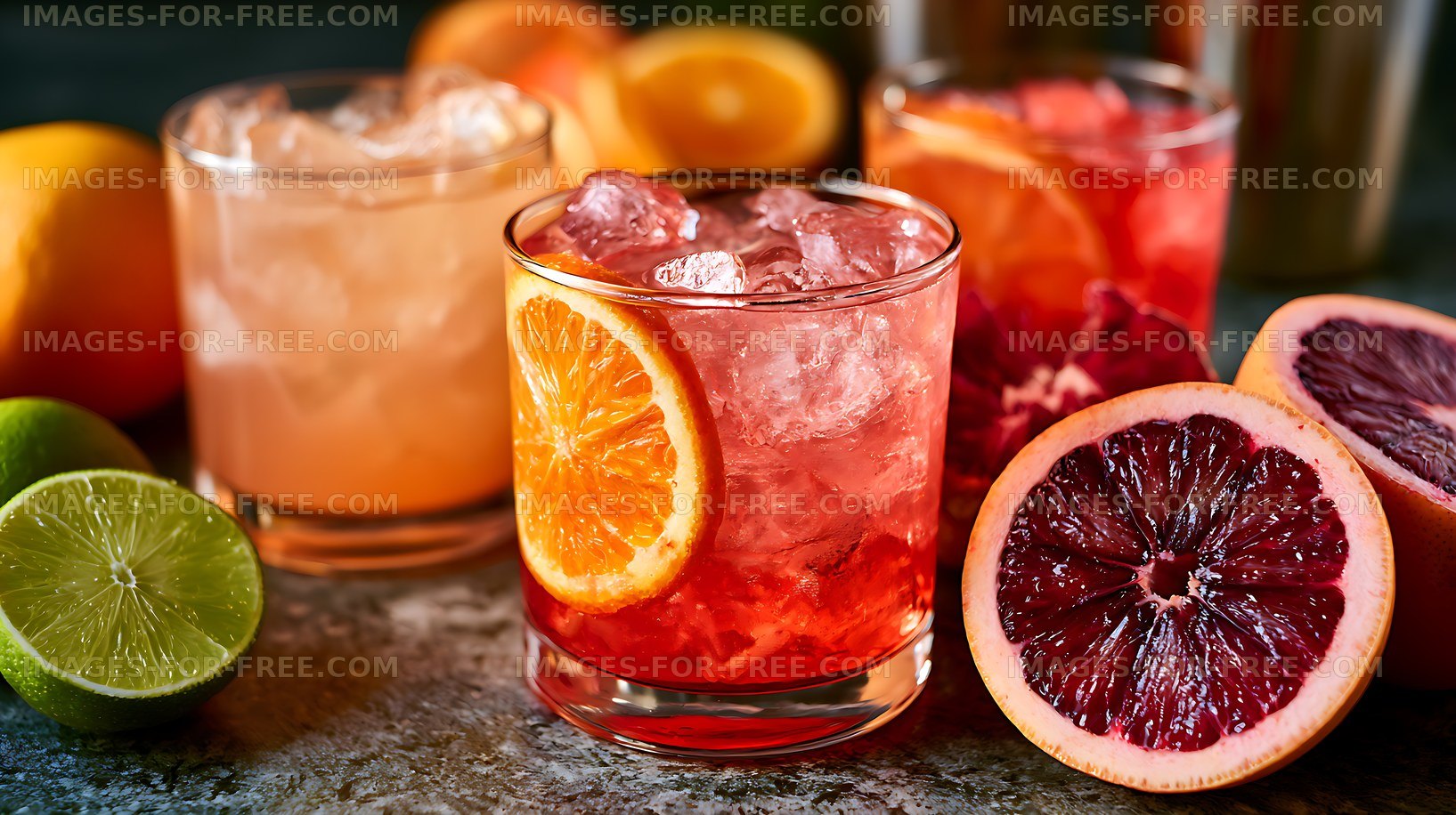 Colorful citrus drinks surrounded by fresh fruit