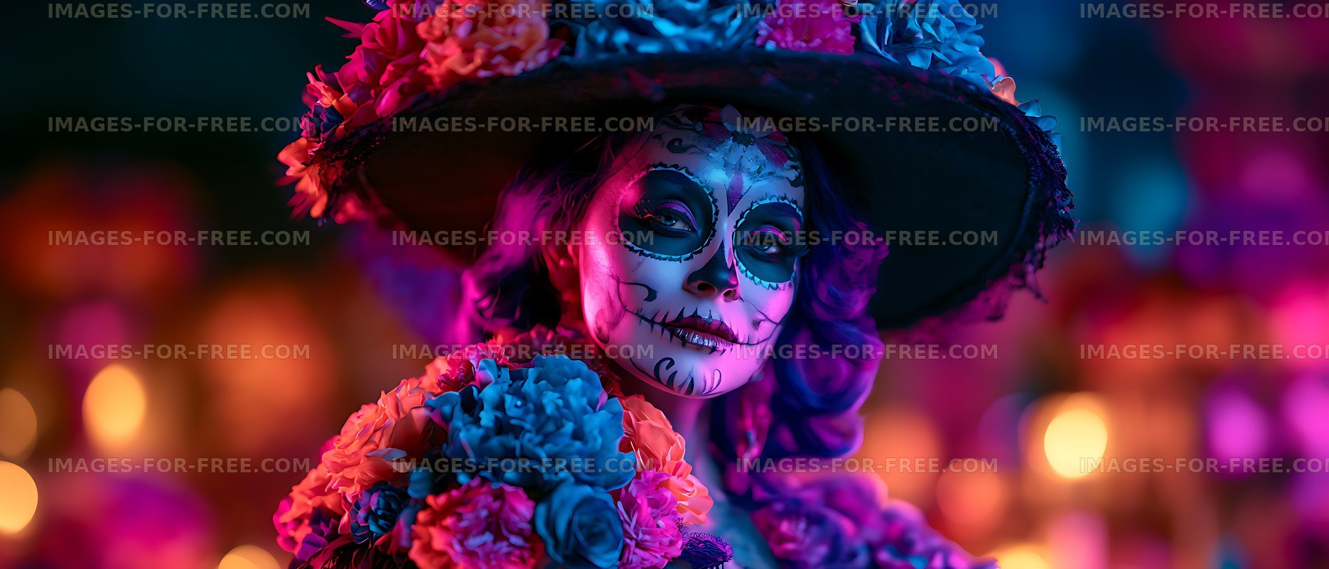 Colorful woman in skull makeup with flowers and wide-brimmed hat