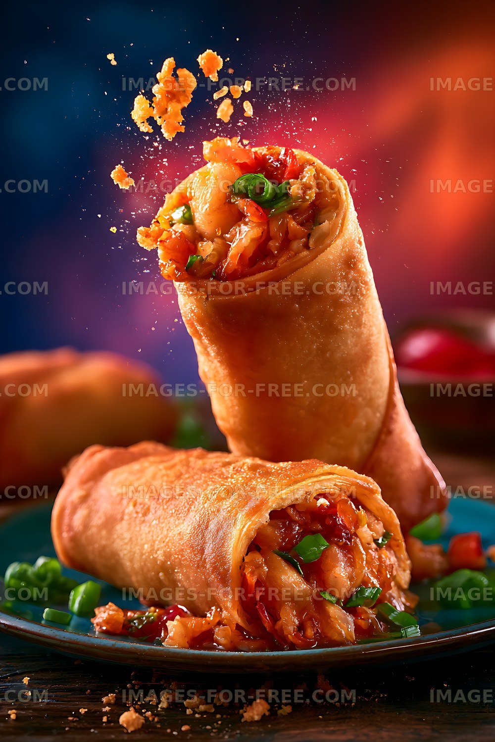 Two colorful filled wraps on a plate