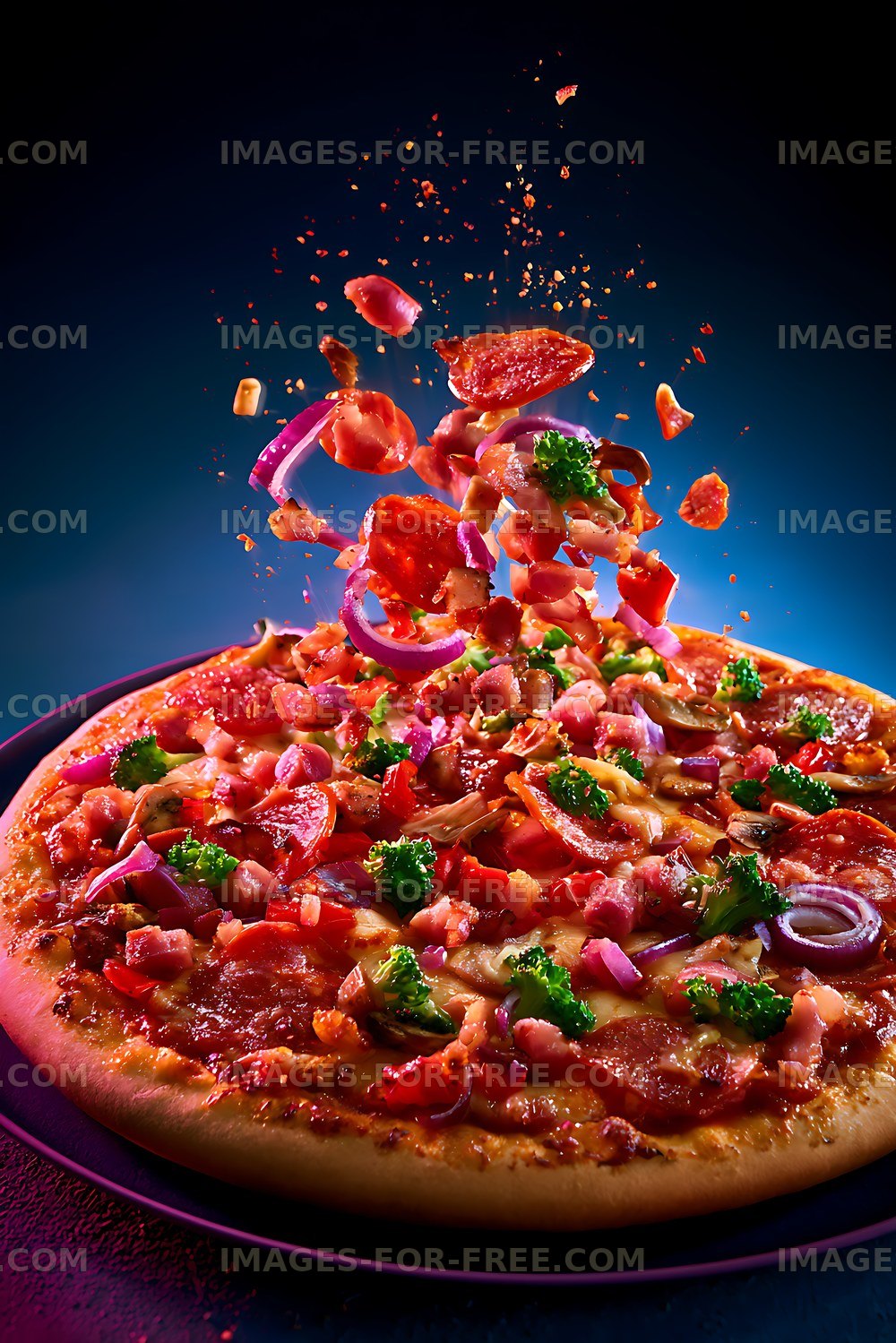 Loaded vegetable and pepperoni pizza with suspended toppings