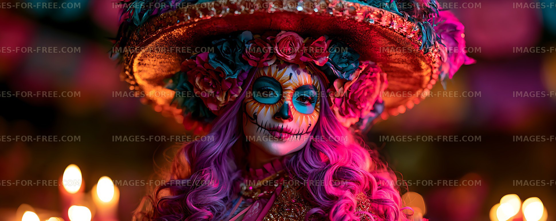 Vivid sugar skull portrait in floral sombrero