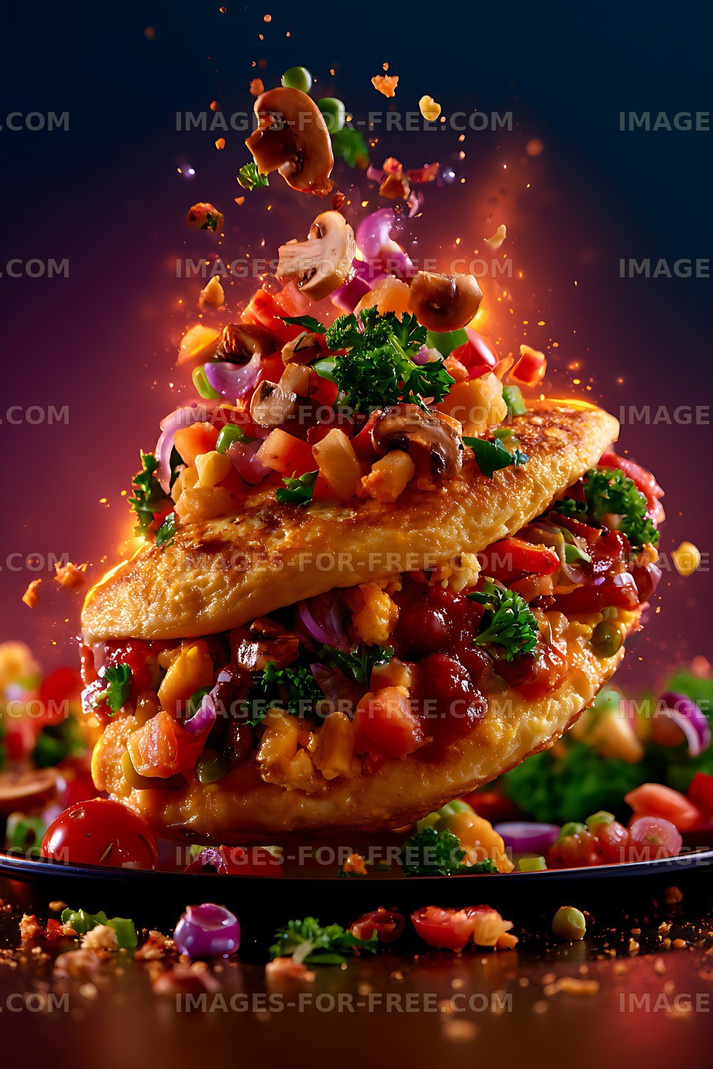 Colorful toasted sandwich with vegetables and mushrooms