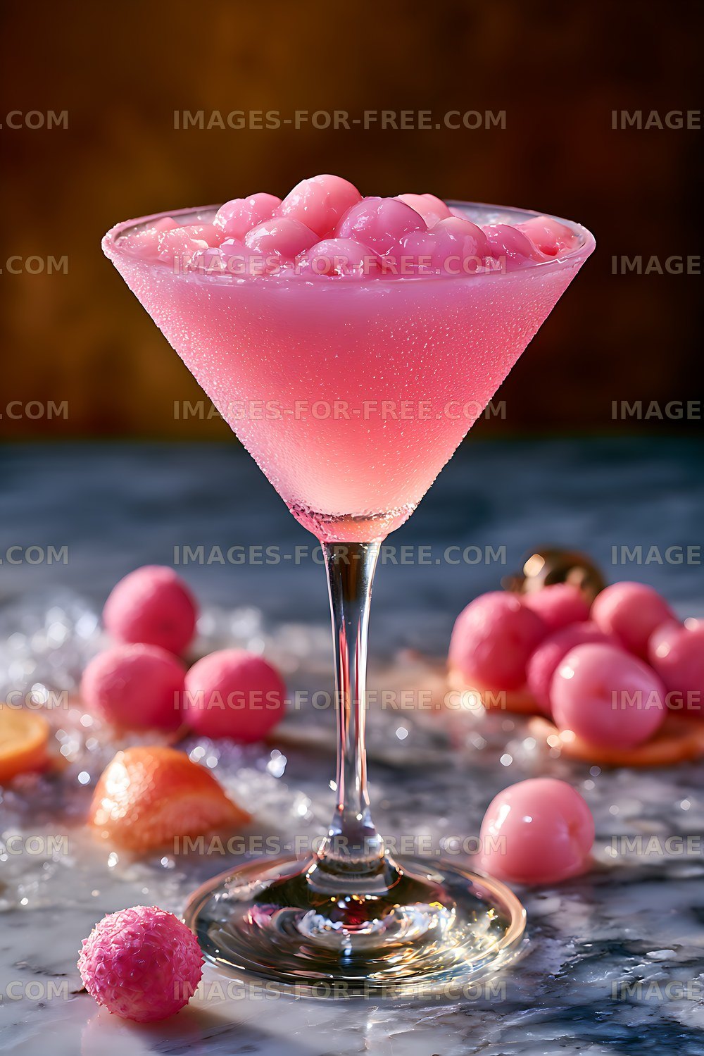 Pink fruit drink with fruit in a martini glass