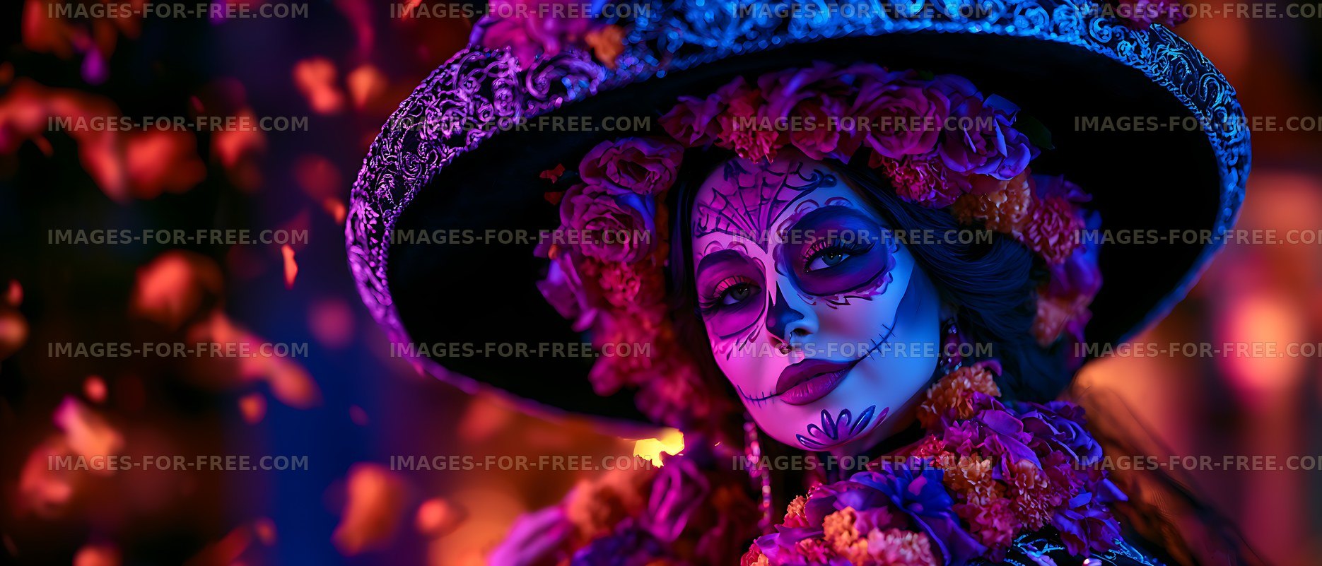 Colorful close-up portrait with floral skull makeup